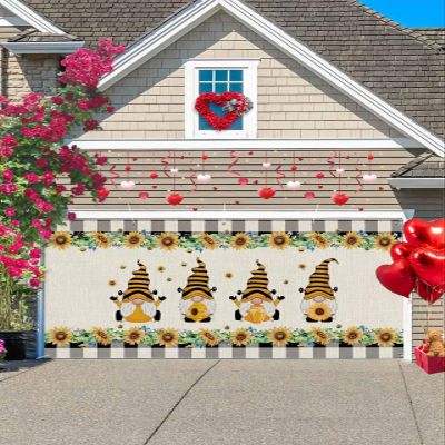 Sunflower Flowers Garage Door Banner Decorations 6 x 13ft Yellow Floral Eucalyptus Leaves Black Plaid Large Garage Door Covers Decorative Backdrop Banners for Indoor Outdoor Photography Background