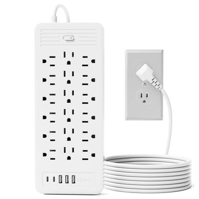18 Outlets Surge Protector Power Strip - 10 Feet Flat Plug Heavy Duty Extension Cord with 18 Widely Outlets and 3 USB Ports,2 Type-C Ports,Black (White, 5FT)