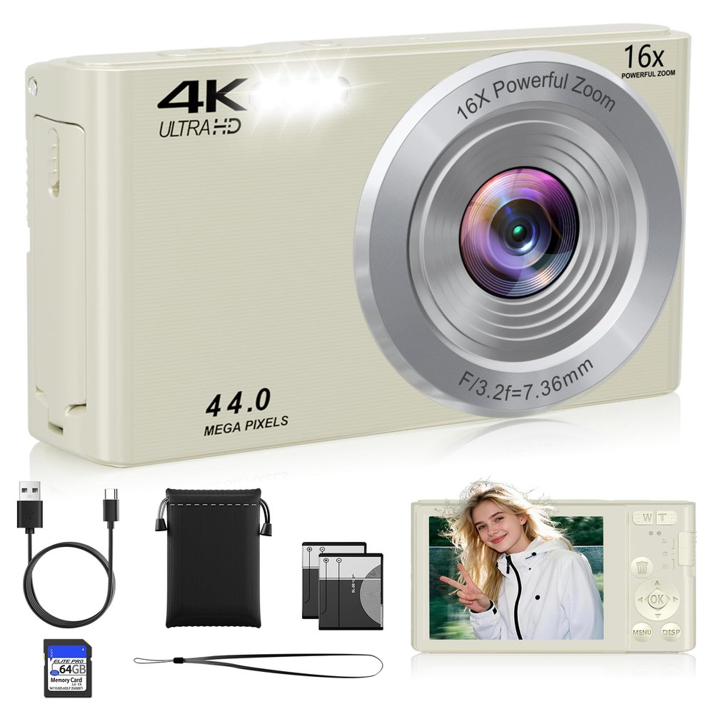 Digital Camera, 2026 Upgraded FHD 4K Small Digital Cameras with 64GB SD Card 2 Batteries, Compact Digital Camera with 16X Digital Zoom, Autofocus Travel Cameras for Vlogging for Teens Kids Boys Girls