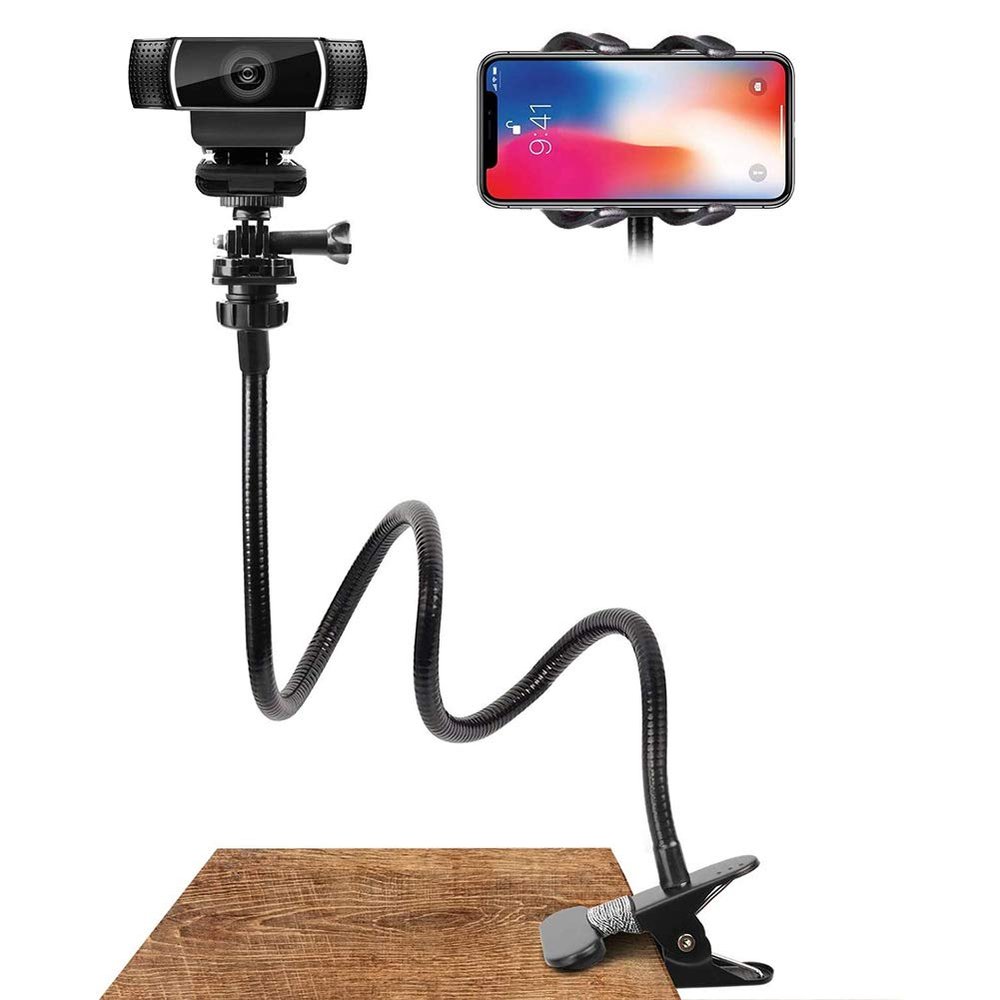 Tyenaza Webcam Stand Phone Holder, with Universal 1/4 Inch Screws Flexible Arm 360 Desk Bed Gooseneck Mount Stand for Cell Phone