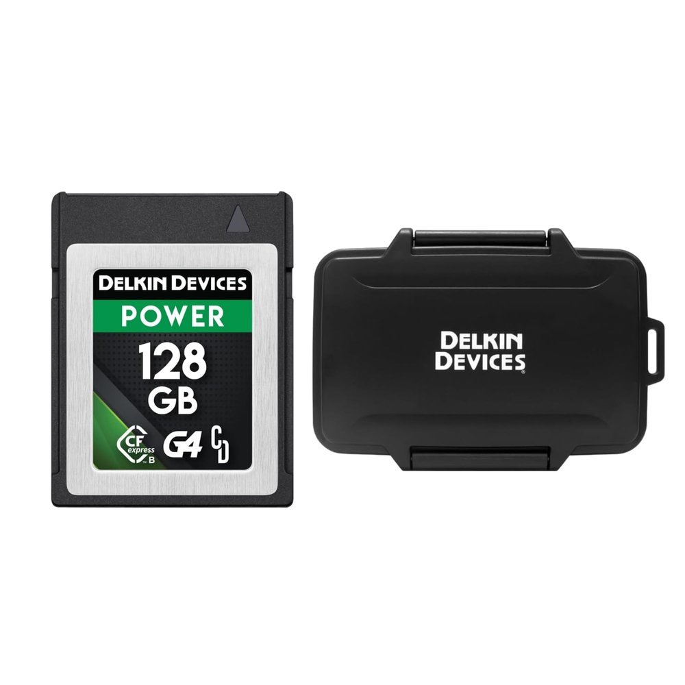 Delkin Devices Power CFexpress Type B G4 128GB Memory Card + Rugged CFexpress/SD/microSD Storage Case  High-Speed CFxB 4.0 Card & Weather-Resistant Protective Tote Bundle