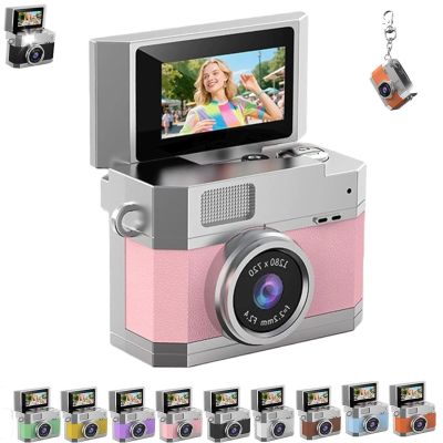 Thumb-Sized Flip Screen Mini Camera, Flip-Screen CCD Portable Mini Digital Camera, with 180 Flip Screen, LED High Brightness Fill Light, Tiny Vlog Cam for Beginners (Pink)