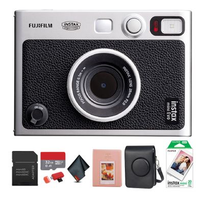 FUJIFILM INSTAX MINI EVO Hybrid Instant Camera (Black) Bundle with 20 Instant Film Sheets + 32GB Memory Card + Carrying Case + Photo Album 64 Pockets + Microfiber Cleaning Cloth