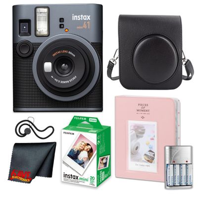 Fujifilm Instax Mini 41 Instant Camera Bundle with Fuji Instax-Instant-mini Film Value Pack (20 Sheets) + Photo Album 64 Pockets + Vintage Style Compatible Carrying Case Black