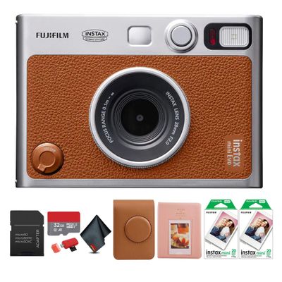 FUJIFILM INSTAX MINI EVO Hybrid Instant Camera (Brown) Bundle with 40 Instant Film Sheets + 32GB Memory Card + Carrying Case + Photo Album 64 Pockets + Microfiber Cleaning Cloth