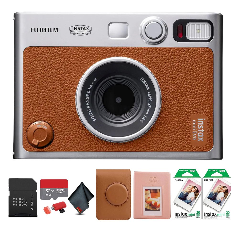 FUJIFILM INSTAX MINI EVO Hybrid Instant Camera (Brown) Bundle with 40 Instant Film Sheets + 32GB Memory Card + Carrying Case + Photo Album 64 Pockets + Microfiber Cleaning Cloth