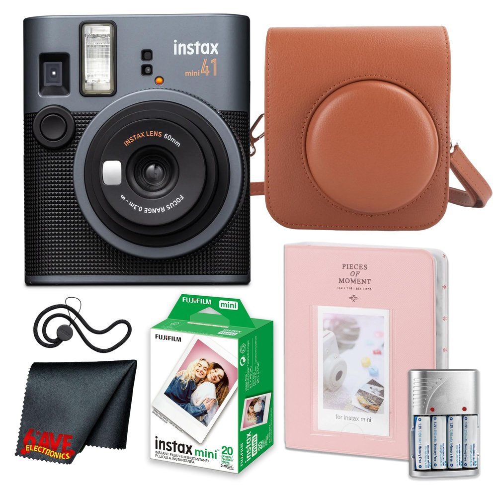 Fujifilm Instax Mini 41 Instant Camera Bundle with Fuji Instax-Instant-mini Film Value Pack (20 Sheets) + Photo Album 64 Pockets + Vintage Style Compatible Carrying Case Brown