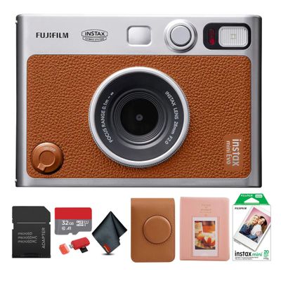 FUJIFILM INSTAX MINI EVO Hybrid Instant Camera (Brown) Bundle with 20 Instant Film Sheets + 32GB Memory Card + Carrying Case + Photo Album 64 Pockets + Microfiber Cleaning Cloth