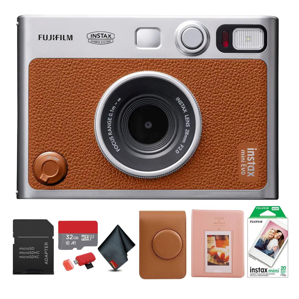 FUJIFILM INSTAX MINI EVO Hybrid Instant Camera (Brown) Bundle with 20 Instant Film Sheets + 32GB Memory Card + Carrying Case + Photo Album 64 Pockets + Microfiber Cleaning Cloth