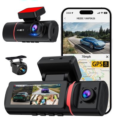 3 Channel Dash Cam Front and Rear Inside, 4K+720P+720P Dashcam, 5GHz WiFi GPS Dash Camera for Cars with 64GB Card, 24H Parking Monitor, Super Night Vision, Loop Recording, G-Sensor, WDR for Car Camera