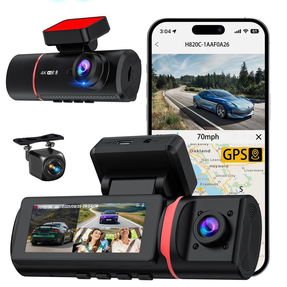 3 Channel Dash Cam Front and Rear Inside, 4K+720P+720P Dashcam, 5GHz WiFi GPS Dash Camera for Cars with 64GB Card, 24H Parking Monitor, Super Night Vision, Loop Recording, G-Sensor, WDR for Car Camera