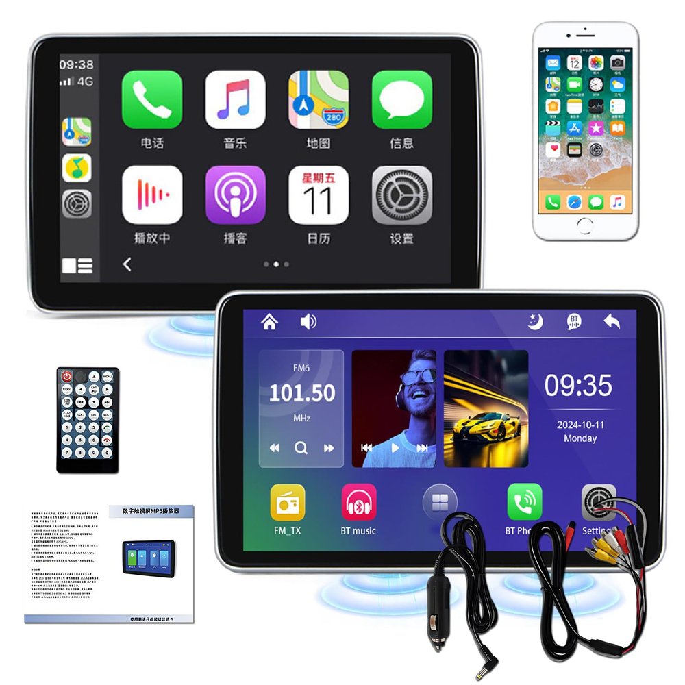 10.1"/11.6" Two Headrest Monitor for Car, Touch Screen Video Player Supports Phone Mirror Link, AV in/Out, and TF Card Playback 11.6in