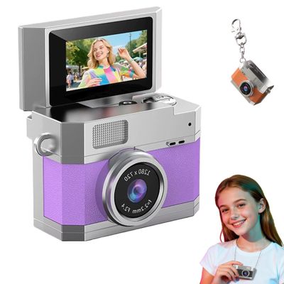 Thumb-Sized Flip Screen Mini Camera, Digital Retro CCD High-Definition Portable Small Camera, LED high-Brightness Fill Light, 180  Flip Selfie Screen, Multi-Style Filters (Purple,with 64 Card)