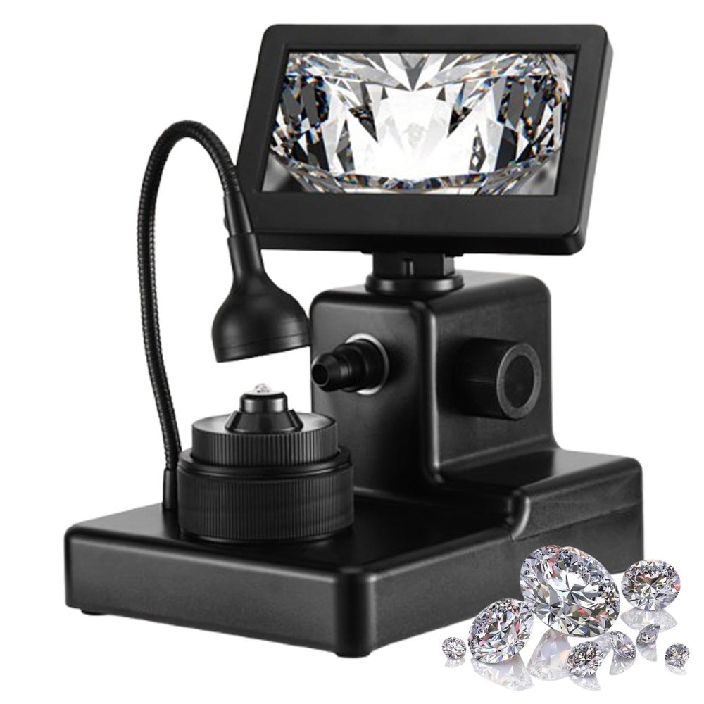 Diamond Inspection Microscope - 4.3'' LCD Digital Viewer, 50-1000X Magnification, LED Illumination, Adjustable Focus 10-40mm, Perfect for Gemstone and Jewelry Evaluation