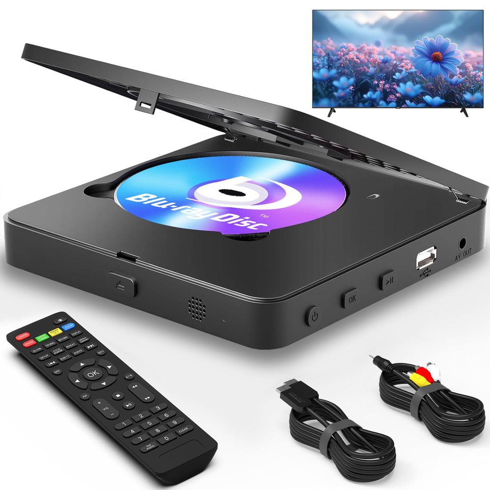 Blu Ray Player 1080P Blu-ray Disc Player for Home Cinema, Dolby Audio/DTS, Plays All DVDs and Region A 1 Blu Rays, Supports 128GB USB Stick, with HDMI and AV Output Connection Cable, NTSC US Standard