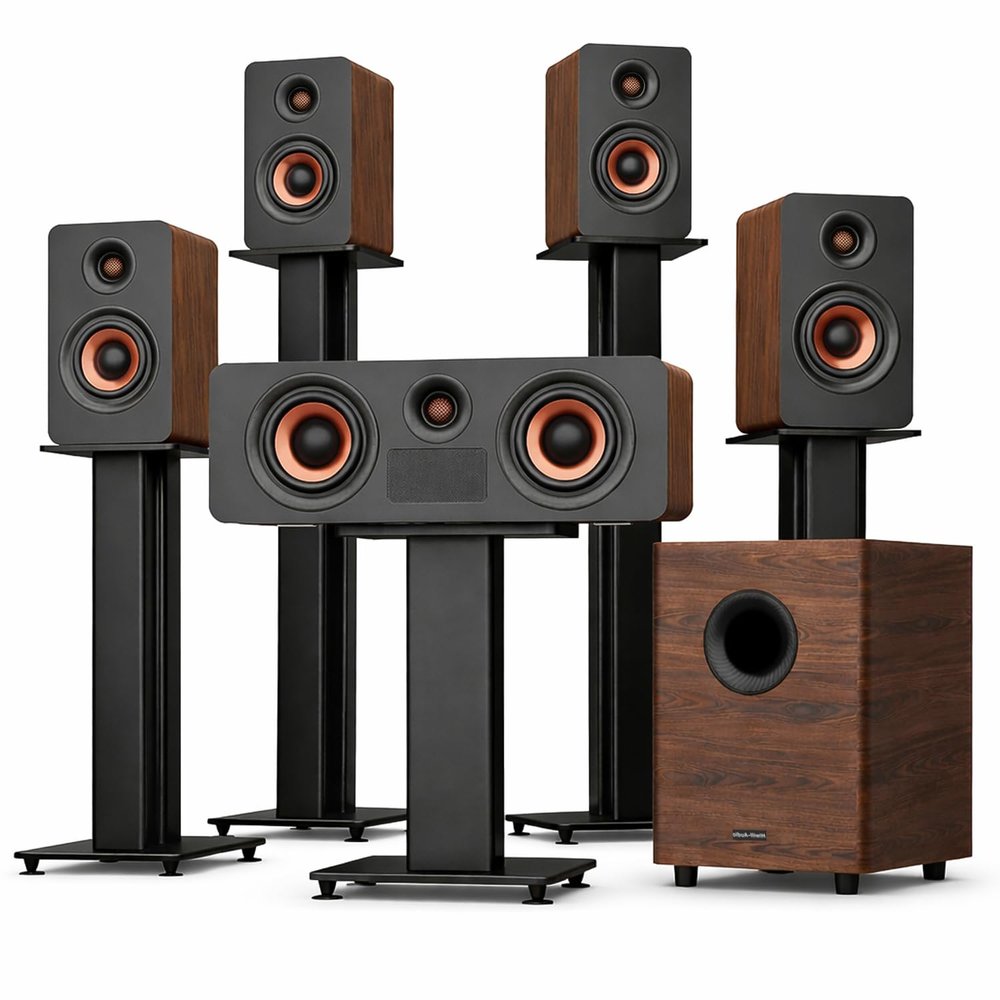 Hiwill-Audio Flagship 5.1.4 Hi-Fi Surround Sound System with Dolby Atmos, Center Speaker with 4 Surrounds, 25 Hz Subwoofer, 900W Home Theater Sound Bar for Smart TV, HiFi-Grade Crossover, Color: Wood