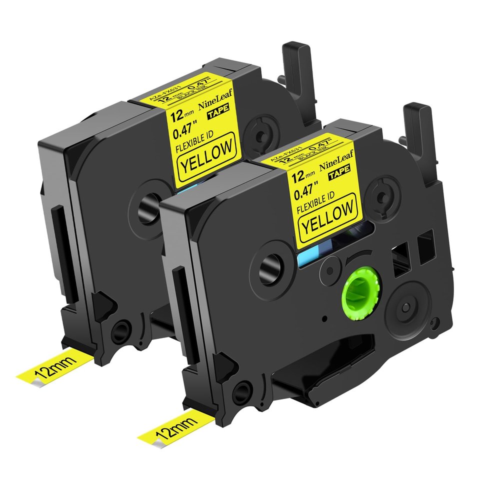 NineLeaf 2 Pack 12mm Label Tape Compatible for Brother P-Touch TZe-FX631 12mm 0.47'' Flexible-ID Laminated Yellow TZ-FX631 1/2'' Black on Yellow TZe TZ Tape for Ptouch Label Maker PT-D200 D210 D220