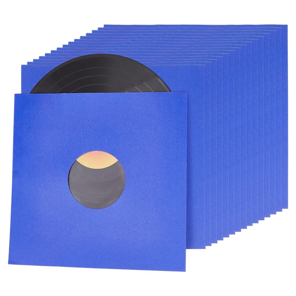 BENECREAT 16Pcs Blue Kraft Paper Vinyl Record Sleeves, 12 Inch Album Jackets with Inner Sleeves for Album Vinyl Records Collections Storage Decorations (110GSM)