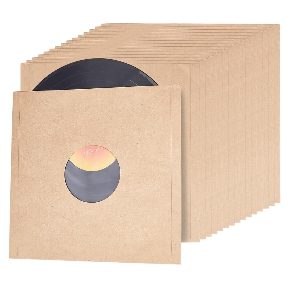 BENECREAT 16Pcs Brown Kraft Paper Vinyl Record Sleeves, 12 Inch Album Jackets with Inner Sleeves for Album Vinyl Records Collections Storage Decorations (110GSM)