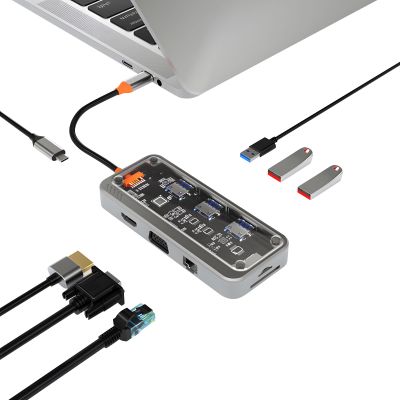 Type C Docking Station to HDTV Output Gigabit Ethernet Port Memory Card Reader Slot 3.5mm VGA Splitter Cable for Phone USB C Docking Station Gigabit Ethernet