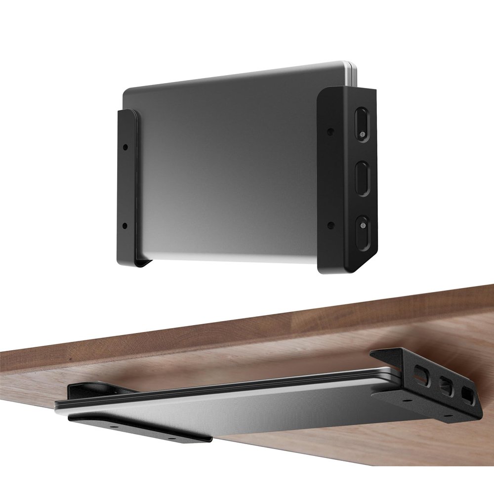 NOTMBESTM Universal Laptop Wall Mount or Under Desk Mount Holder, Fit for MacBook, Keyboard, Surface, Router, Modems and More Small Devices Up to 40mm/1.57in Thick, Fixed by Screw or Adhesive (Black)
