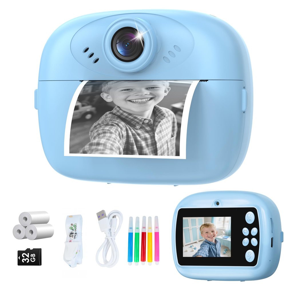 Kids Camera Instant Print, 1080P Digital Camera for Kids with 32GB SD Card, Toddler Boy Toys Birthday Festival Gifts for Boys Age 3-10, Portable Travel Toys for 3 4 5 6 7 8 9 10 Year Old Boys