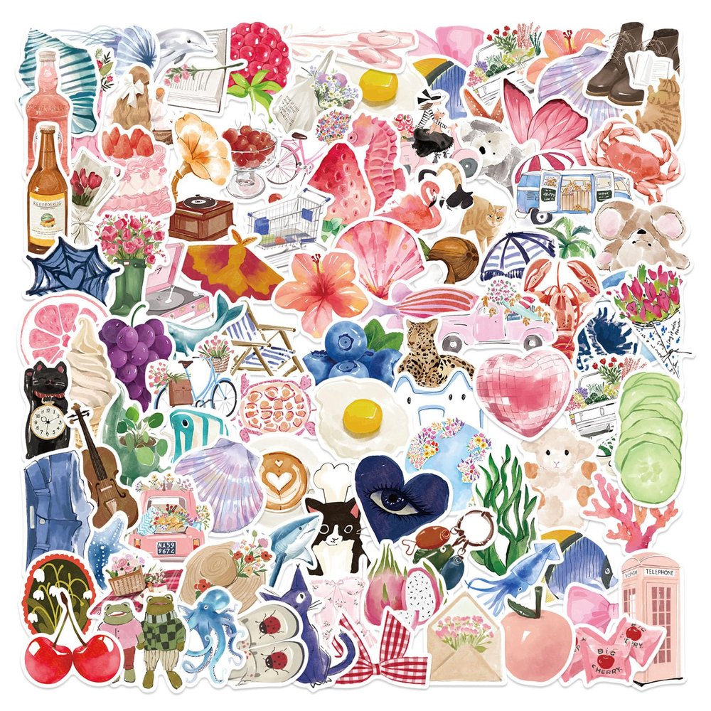 100Pcs Cute Aesthetic Stickers, Aesthetic Girls Coquette Sticker, Watercolor & Waterproof, Vinyl Stickers for Water Bottle Laptop Journal Skateboard Scrapbook Luggage(Pink&Watercolor)