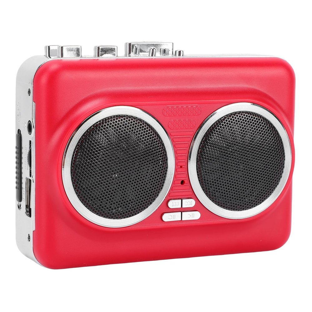 PUSOKEI Cassette Tape Player, Portable Cassette to Digital Converter, Built in Speaker, Walk Man Player, USB Cassette to MP3 Converter with 3.5mm Headphone Jack & Earphones (Red)