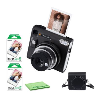 Fujifilm Instax Square SQ40 Instant Camera Vintage Black Bundle with 2 Pack Fuji Instax Film Value Pack (40 Exposures) + Carrying Case + Cleaning Cloth
