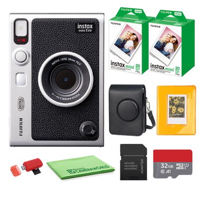 FUJIFILM INSTAX MINI EVO Hybrid Instant Camera (Black) Bundle with Fuji Instax-Mini-Instant Film Value Pack (40 Sheets) + 32GB Memory Card + Carrying Case + Photo Album 64 Pockets + Cleaning Cloth