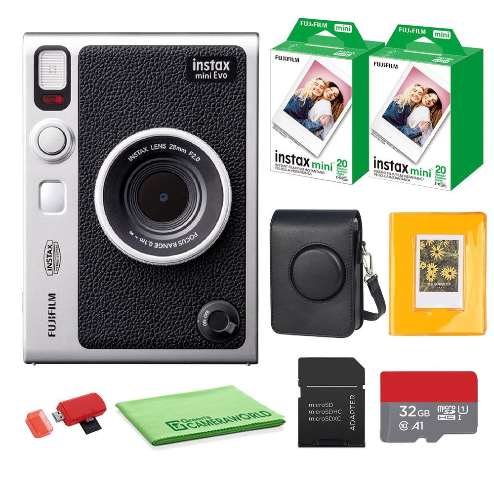 FUJIFILM INSTAX MINI EVO Hybrid Instant Camera (Black) Bundle with Fuji Instax-Mini-Instant Film Value Pack (40 Sheets) + 32GB Memory Card + Carrying Case + Photo Album 64 Pockets + Cleaning Cloth