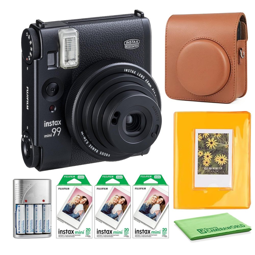 Fujifilm Instax Mini 99 Instant Camera Bundle with Fuji Instax Mini Instant Film Value Pack (60 Sheets) + Carrying Case - Brown + Photo Album  64 Pockets + More