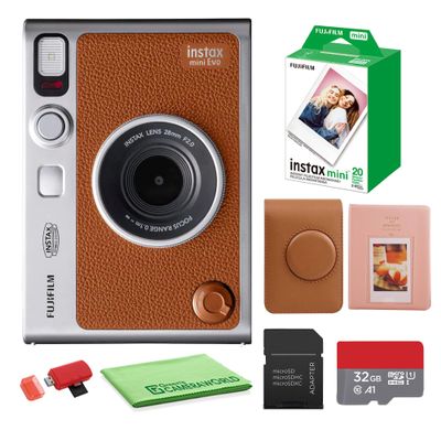 FUJIFILM INSTAX MINI EVO Hybrid Instant Camera (Brown) Bundle with Fuji Instax-Mini-Instant Film Value Pack (20 Sheets) + 32GB Memory Card + Carrying Case + Photo Album 64 Pockets + Cleaning Cloth