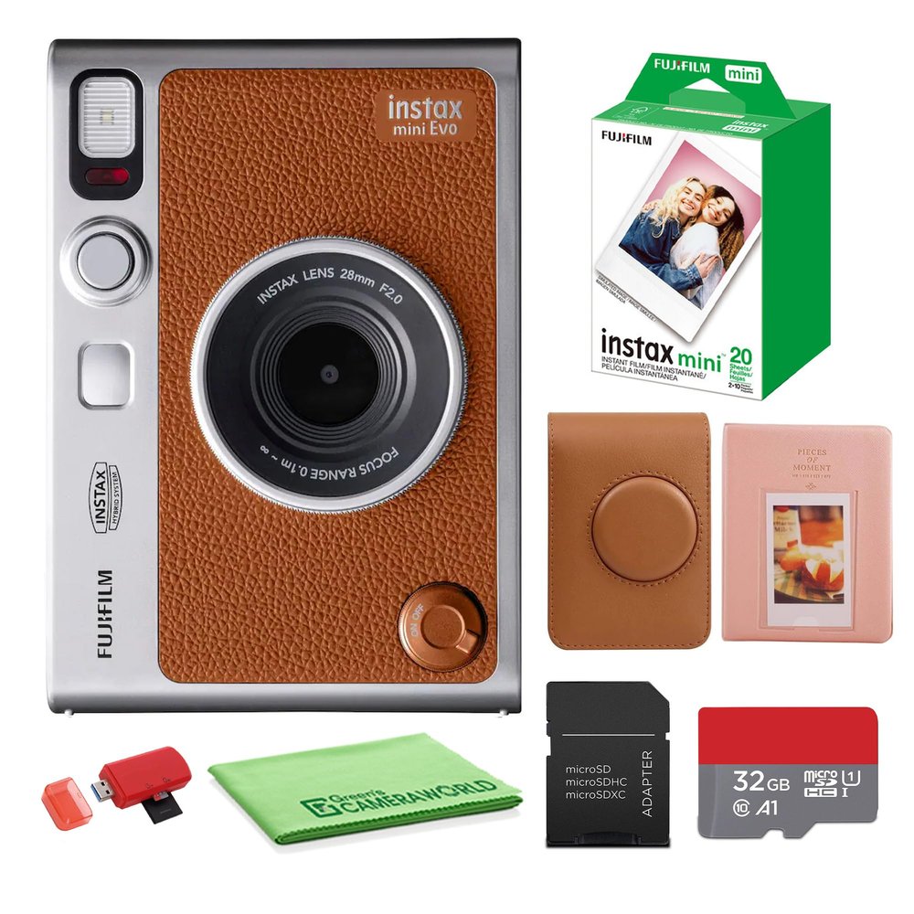 FUJIFILM INSTAX MINI EVO Hybrid Instant Camera (Brown) Bundle with Fuji Instax-Mini-Instant Film Value Pack (20 Sheets) + 32GB Memory Card + Carrying Case + Photo Album 64 Pockets + Cleaning Cloth