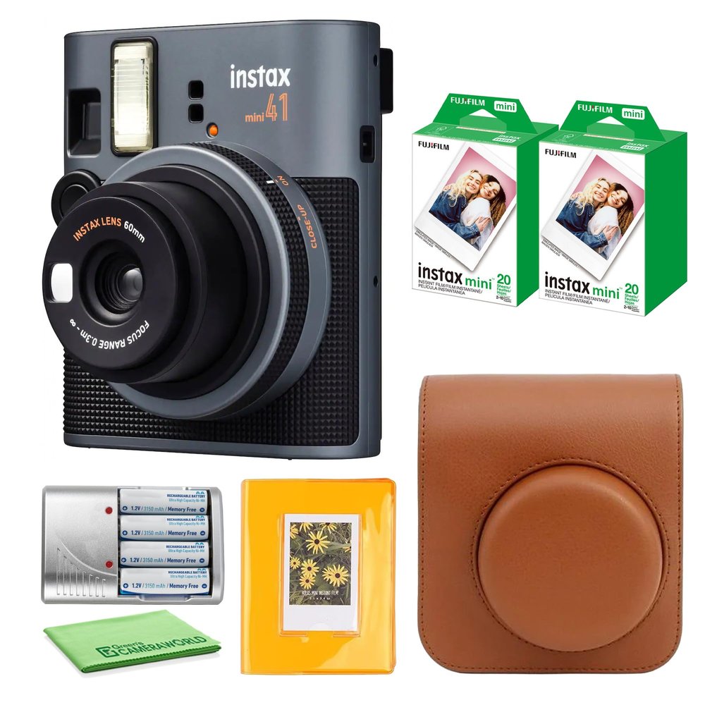 FujiFilm Instax Mini 41 Instant Camera Bundle with Fuji Instax-Instant-mini Film Value Pack (40 Sheets) + Photo Album 64 Pockets + Protective Case Brown + More