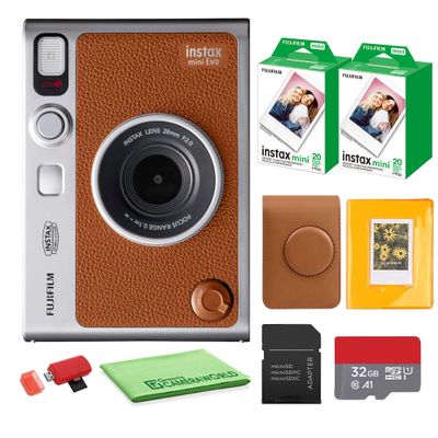 FUJIFILM INSTAX MINI EVO Hybrid Instant Camera (Brown) Bundle with Fuji Instax-Mini-Instant Film Value Pack (40 Sheets) + 32GB Memory Card + Carrying Case + Photo Album 64 Pockets + Cleaning Cloth