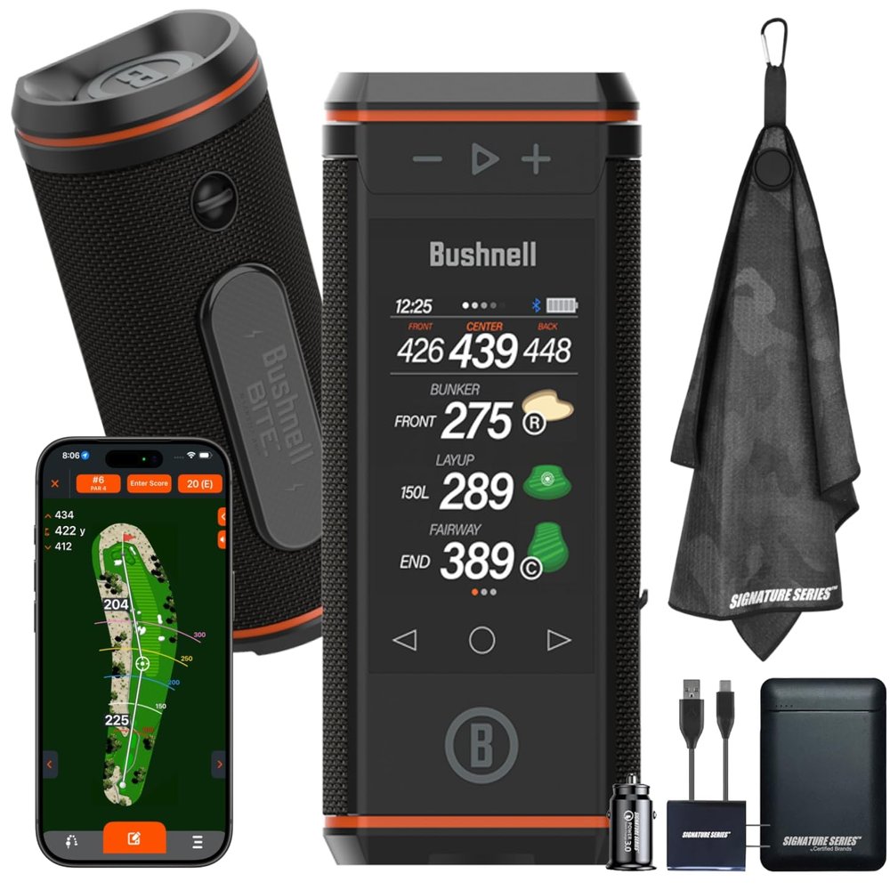 Bushnell Golf Wingman HD GPS Speaker with Color Touchscreen, Audible and Visual Front/Center/Back with Powerful 360 Degree Audio, Hazard Distances. Full Hole View and Signature Series Power Bundle