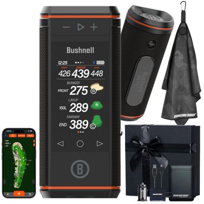 Bushnell Golf Wingman HD GPS Speaker with Color Touchscreen, Audible and Visual Front/Center/Back with Powerful 360 Degree Audio, Hazard Distances. Full Hole View and Signature Series Gift Bundle