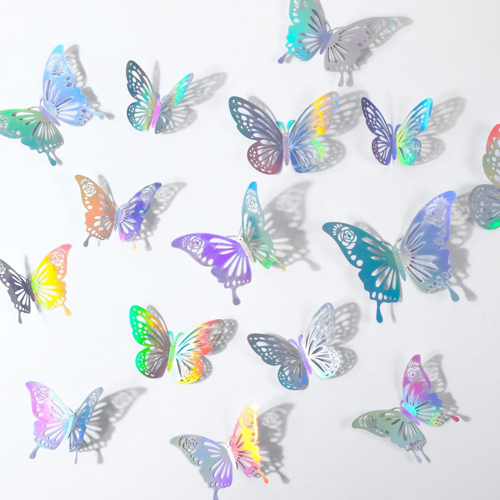48Pcs 3D Laser Sivery Butterfly Wall Decor 2 Styles 3 Sizes Metallic Laser Butterflies Sequin Centerpieces Iridescent Sticker Removable Party Baby Shower Decoration Wedding for Birthday Cake Cupcake