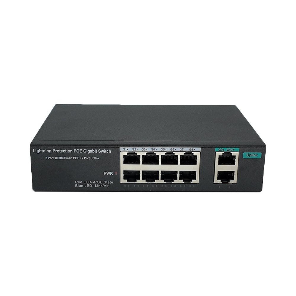 8 Port PoE+ Switch (1000Mbps) + 2 Gigabit Uplinks, 96W Power Budget, IEEE802.3af/at, Extend Function, Fanless Metal Unmanaged Plug and Play (Desktop/Wall Mount)