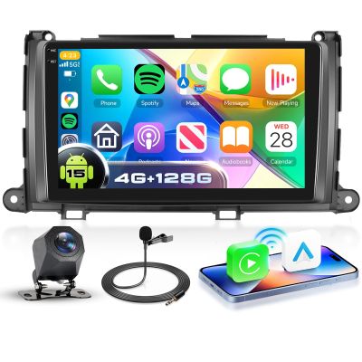 4G+128G Car Stereo for Toyota Sienna 2011-2014, Wireless CarPlay Android Auto, 9 Incell HD Touch Screen Android 15 Car Stereo with GPS, WiFi, Bluetooth 5.0, FM, 32 EQ, SWC, Backup Camera