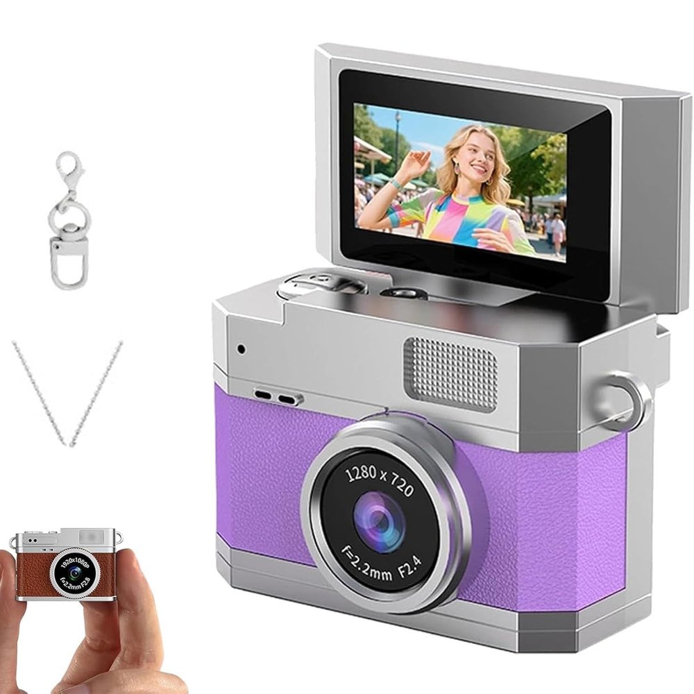Thumb-Sized Flip Screen Mini Camera, Retro CCD Portable and High-Definition Mini Digital Camera, Tiny Pocket Camcorder with 180 Flip, for Home/Office/Travel/Daily (Purple,with 32GB Card)