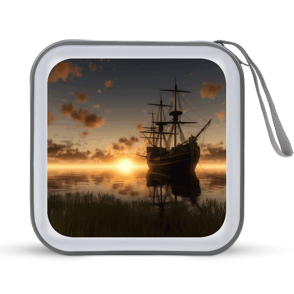 FekiLoot Ship in The Lake Sunset CD Case,Hard Plastic CD Storage,Portable DVD Wallet,Portable DVD, Holder VCD Organizer Wallet,Protective VCD Storage