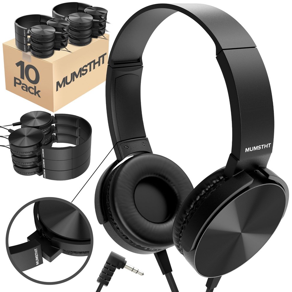 Classroom Headphones Bulk 10 Pack,Durable Wired Classroom Headphones for Students,On Ear Comfy Swivel Earphones for School,Library,Children's Online learning,HQ Stereo Sound 3.5mm Jack (Black YS004)