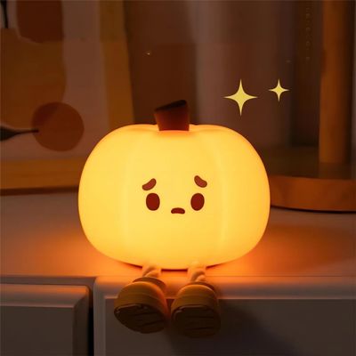 Cute Pumpkin LED Night Light, 3 Level Dimmable Nursery Nightlight, Silicone Soft Light Lamp Gift, Rechargeable Bedroom Touch Lamp for Breastfeeding, Kids, Girl, Boy, Halloween Decor (Pumpkin Shape)