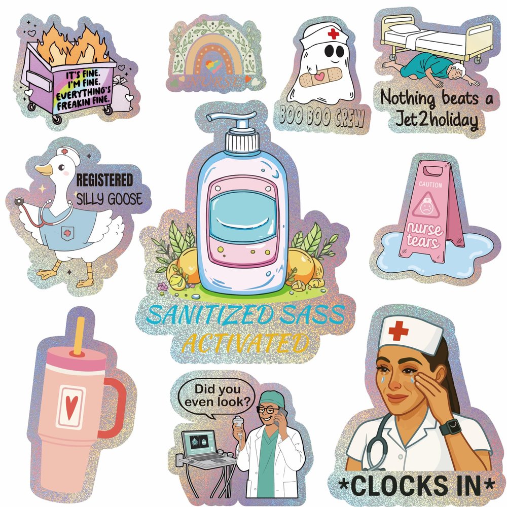 170 Pcs Funny Nurse Stickers Pack, Holographic Nursing School Essentials Waterproof Vinyl Decals for Student Nurse, for Laptop Water Bottle Computer Kindle Tumbler