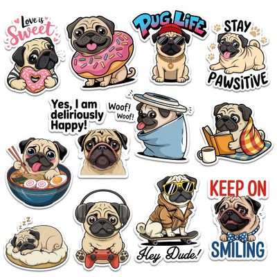 12pcs Pug Dog Stickers Pack for Kids, Teens & Dog Lovers  Cute Pug Aesthetic Vinyl Decals for Water Bottle, Laptop, Journal, Scrapbook, Gift for Pug Lovers Hydro Flask & Journaling 3 Inches