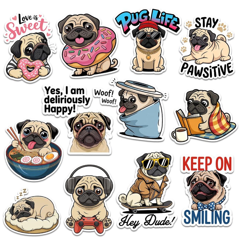 12pcs Pug Dog Stickers Pack for Kids, Teens & Dog Lovers  Cute Pug Aesthetic Vinyl Decals for Water Bottle, Laptop, Journal, Scrapbook, Gift for Pug Lovers Hydro Flask & Journaling 3 Inches