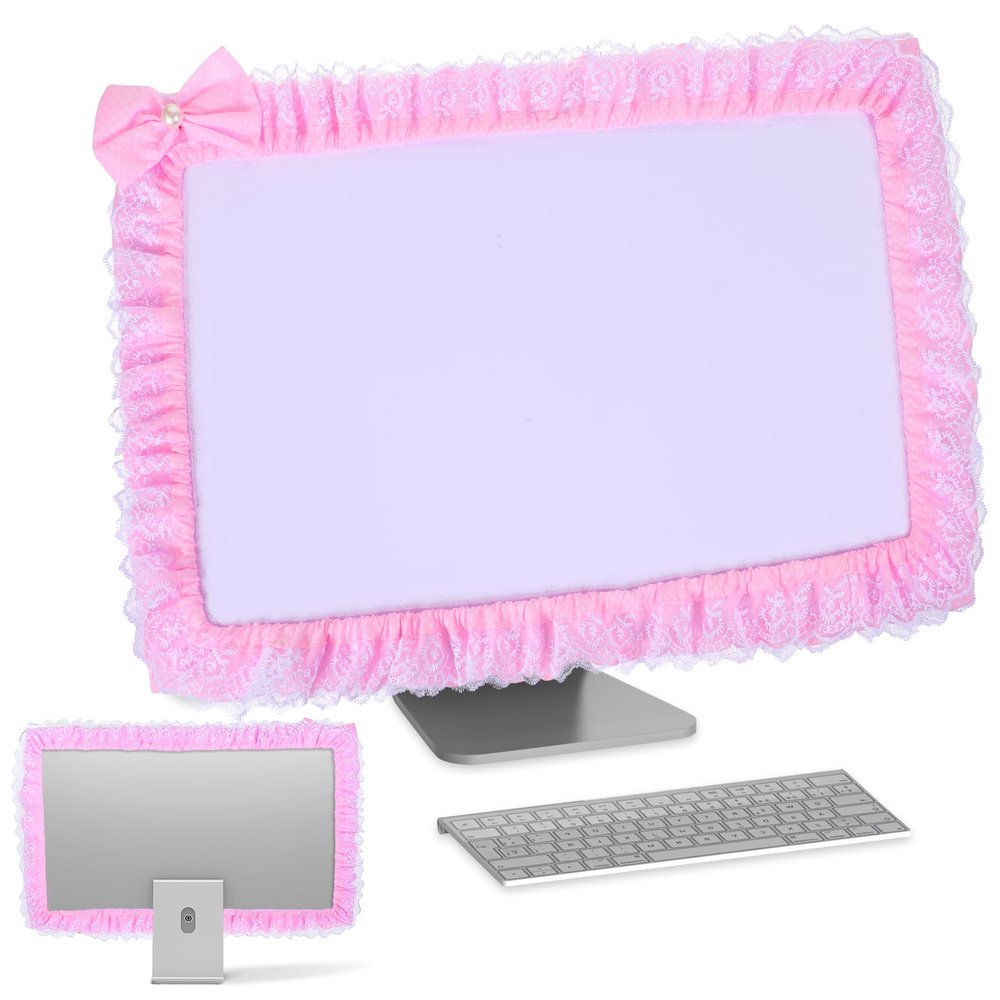 23''-27'' Pink Monitor Cover, Cute Computer Monitor Covers with Bow-Knot, Lace Fabric, Monitors Dust Cover, TV Monitors Covers, Monitor-Decoration
