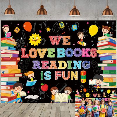 World Book Day Backdrop Happy Reading Day We Love Books Reading is Fun Photography Background Kids Students Classroom Elementary Library Decorations Banner Supplies (Black, 82x59 inch (7x5FT))